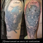 Tatouage recouvrement crâne guerrier