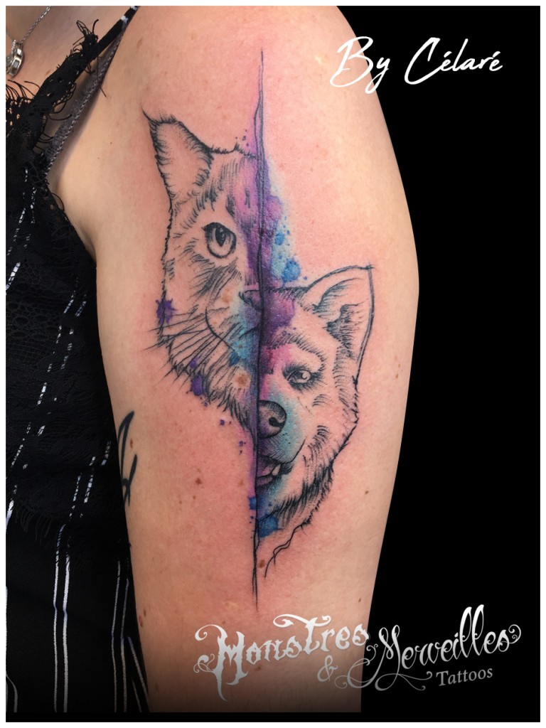 Tatouage chien chat aquarelle