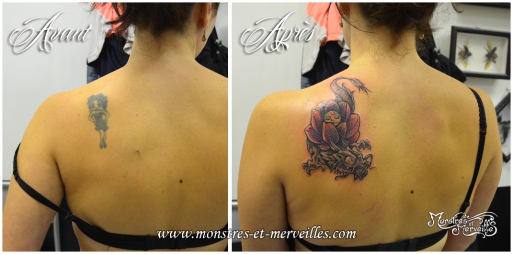 Tatouage de recouvrement - Betty Boop par dragon et lotus