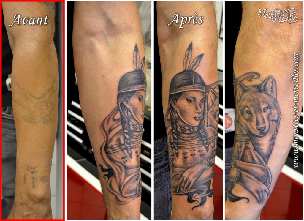 Tatouage de recouvrement - indienne et loup